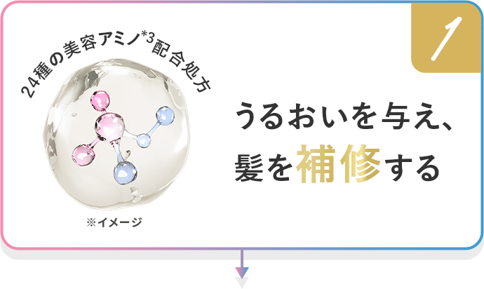 1 24種の美容アミノ*3配合処方 *イメージ うるおいを与え、髪を補修する