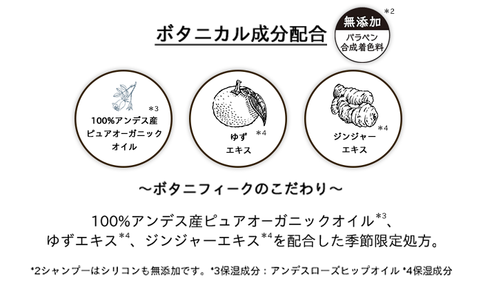 ボタニカル成分 パラベン・合成着色料無添加 100%アンガス産 ピュアオーガニックオイル ゆずエキス ジンジャーエキス ～ボタニフィークのこだわり～ 100%アンデス産ピュアオーガニックオイル、ゆずエキス、ジンジャーエキスを配合した季節限定処方。